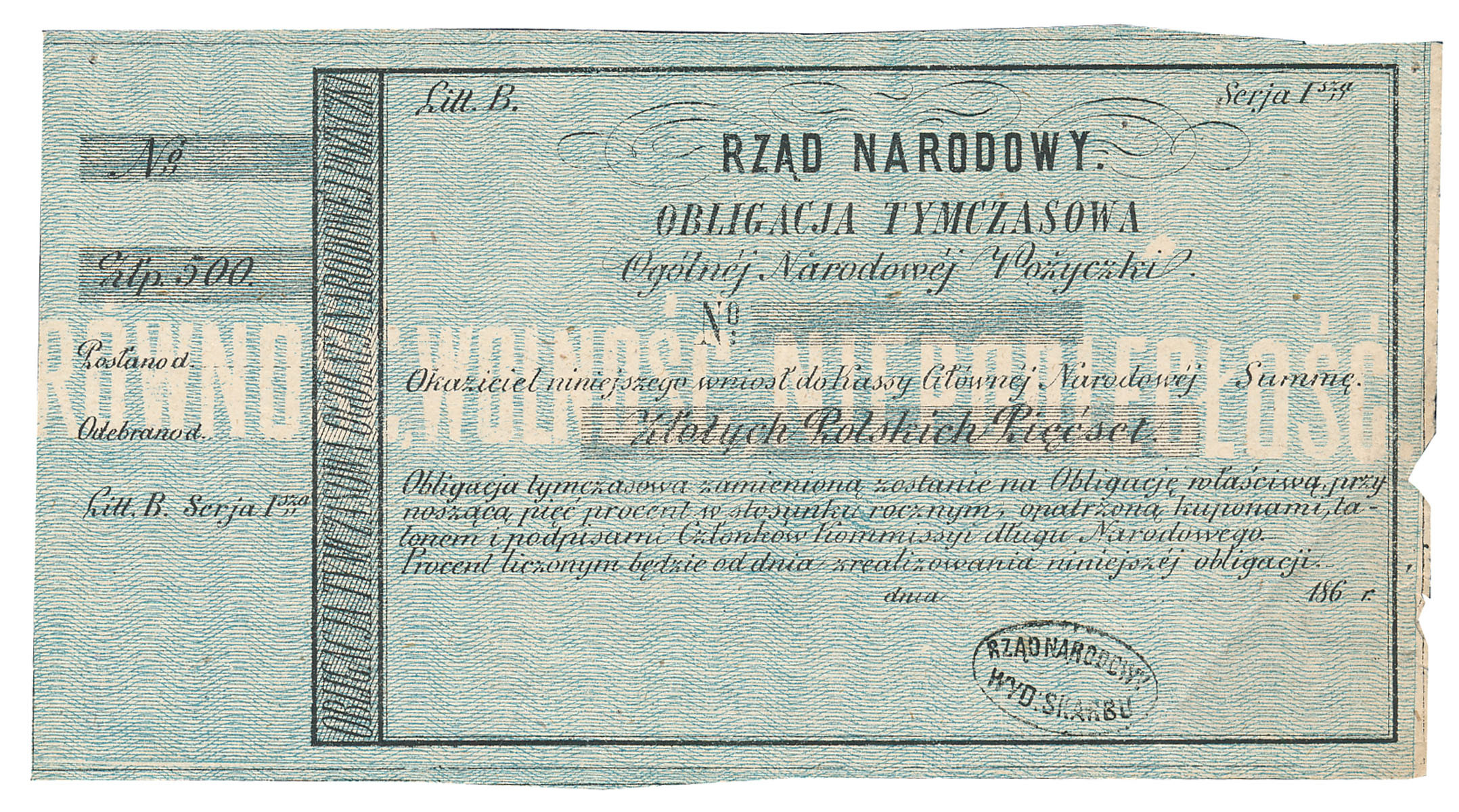Powstanie Styczniowe. 1863 obligacja 500 złotych, lit. B